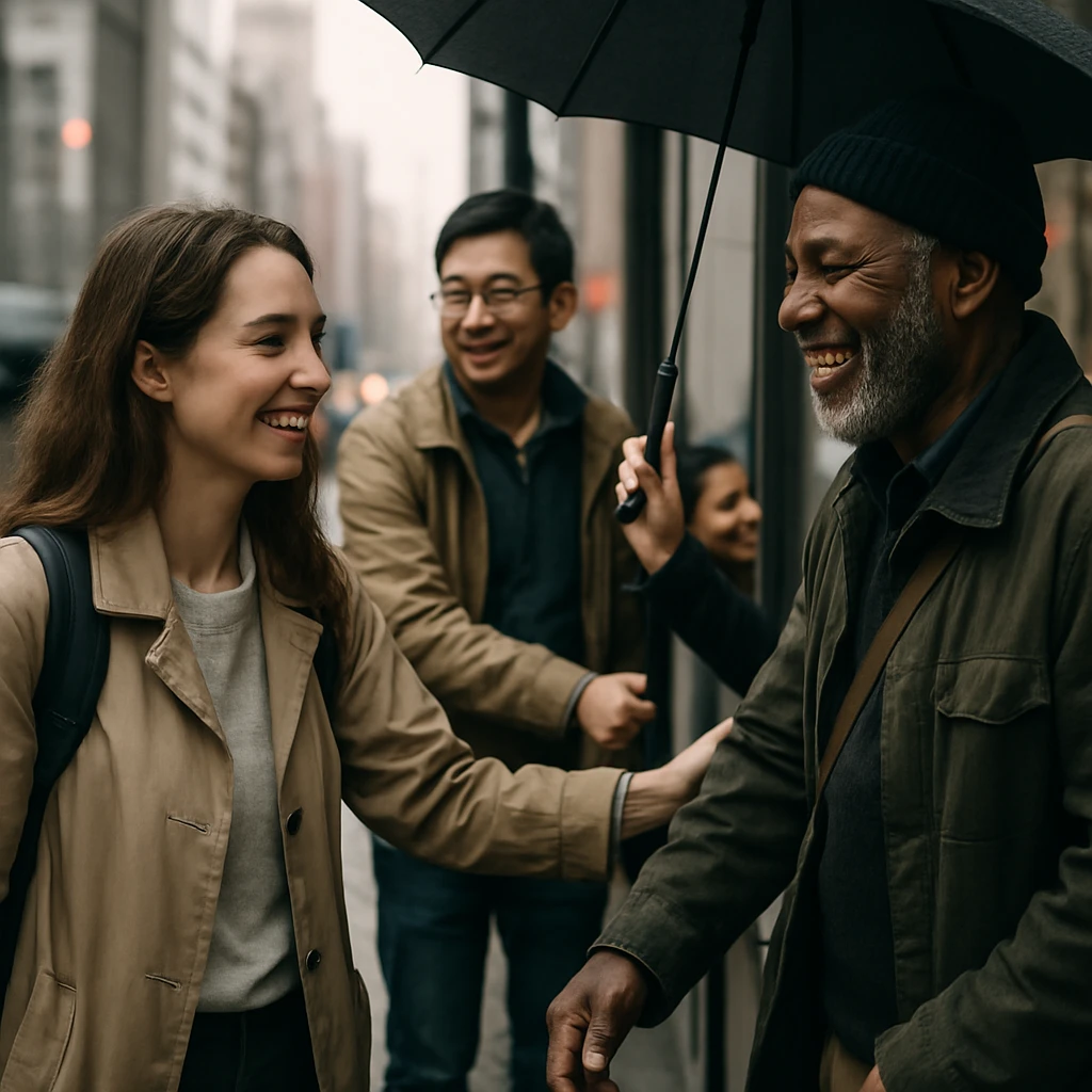 国際都市の街角で、見知らぬ人同士が温かい笑顔を交わしながら小さな親切をし合う様子の写真。
