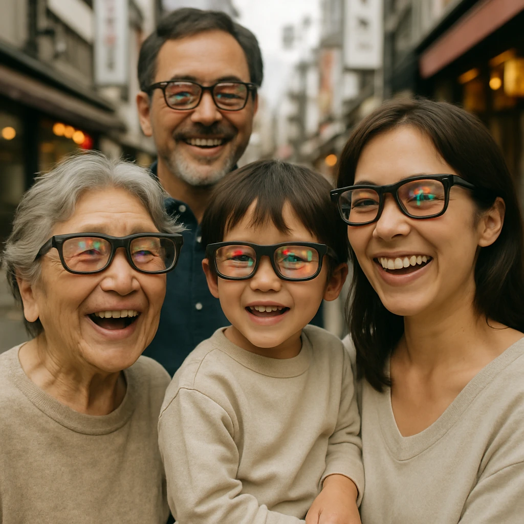 日本の商店街でARグラスを着用し、周囲を見つめて微笑むさまざまな年代の人々の写真。