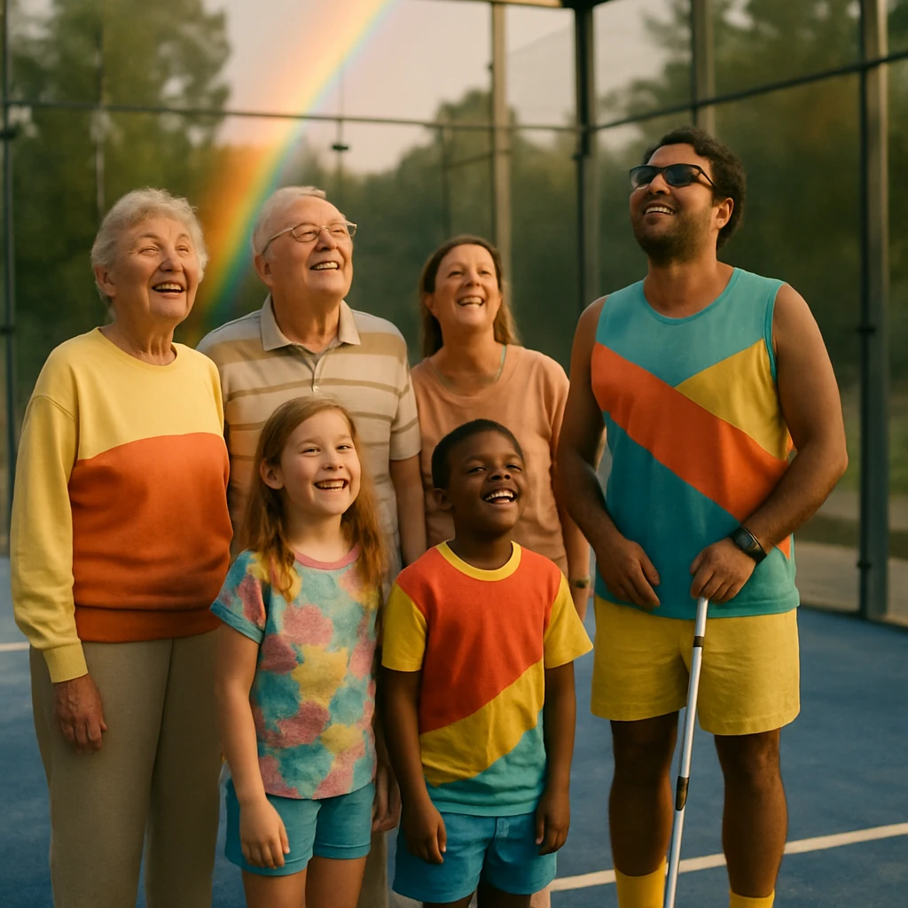 パデルコートのガラスウォールに虹が映り、老若男女が笑顔で見つめている朝の様子。