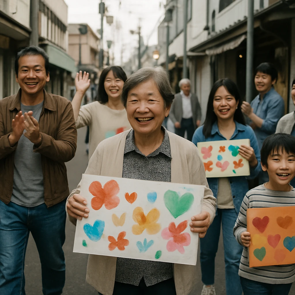 日本の小さな町の商店街を笑顔で歩き、感謝の手作りボードを持つ人々の様子。