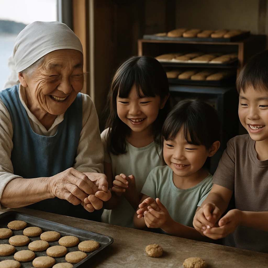 おばあちゃんと子どもたちがパン屋の木のカウンターでクッキー作りを楽しんでいる様子の写真。