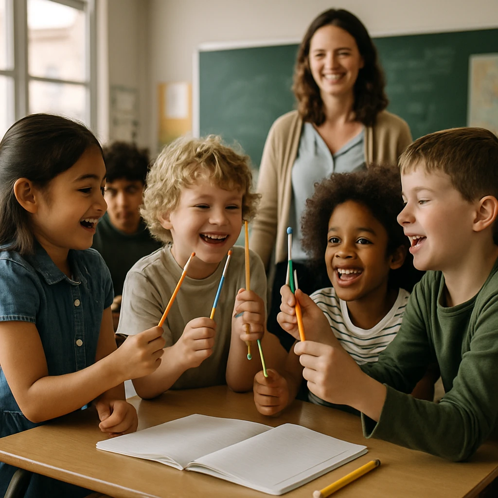 小学校の教室で子どもたちが伸びる鉛筆を見せ合い先生が見守っている様子の写真。