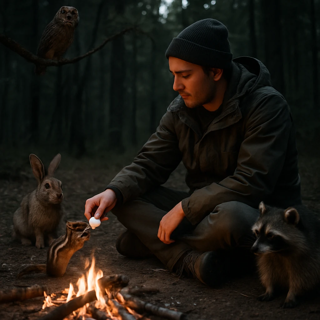 森の中で青年が焚き火を囲み、小動物たちにパンを分け与えている様子。