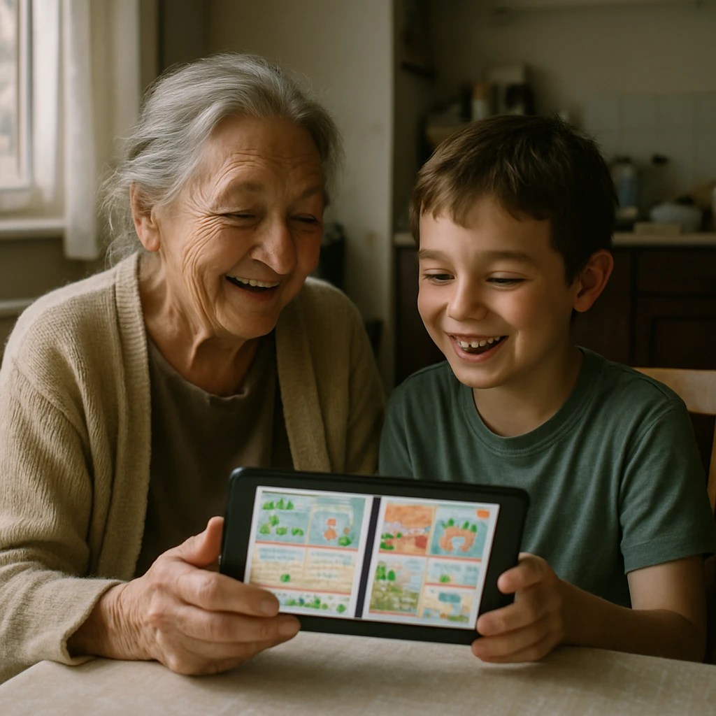 高齢女性と小学生の男の子がリビングのテーブルで仲良くタブレットを見ながら微笑んでいる実写風の写真。