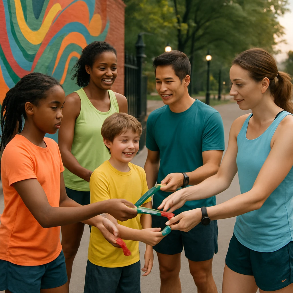 エメラルド公園の入り口で、カラフルなランニングウェアを着た大人や子どもたちがストリートアート前で布バンドを交換している様子。