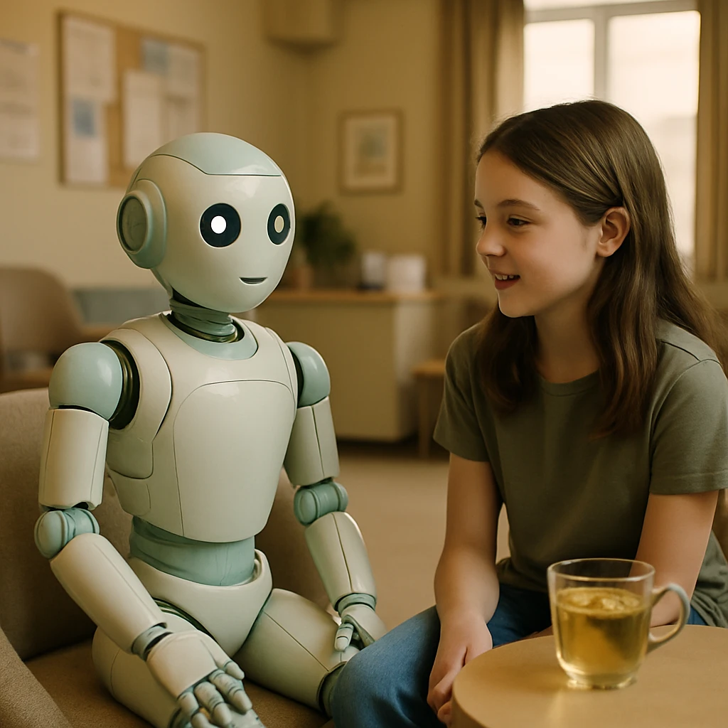 アットホームなクリニックで、丸い椅子に座った高校生の女の子がパステル色のAIロボットと対話している様子。