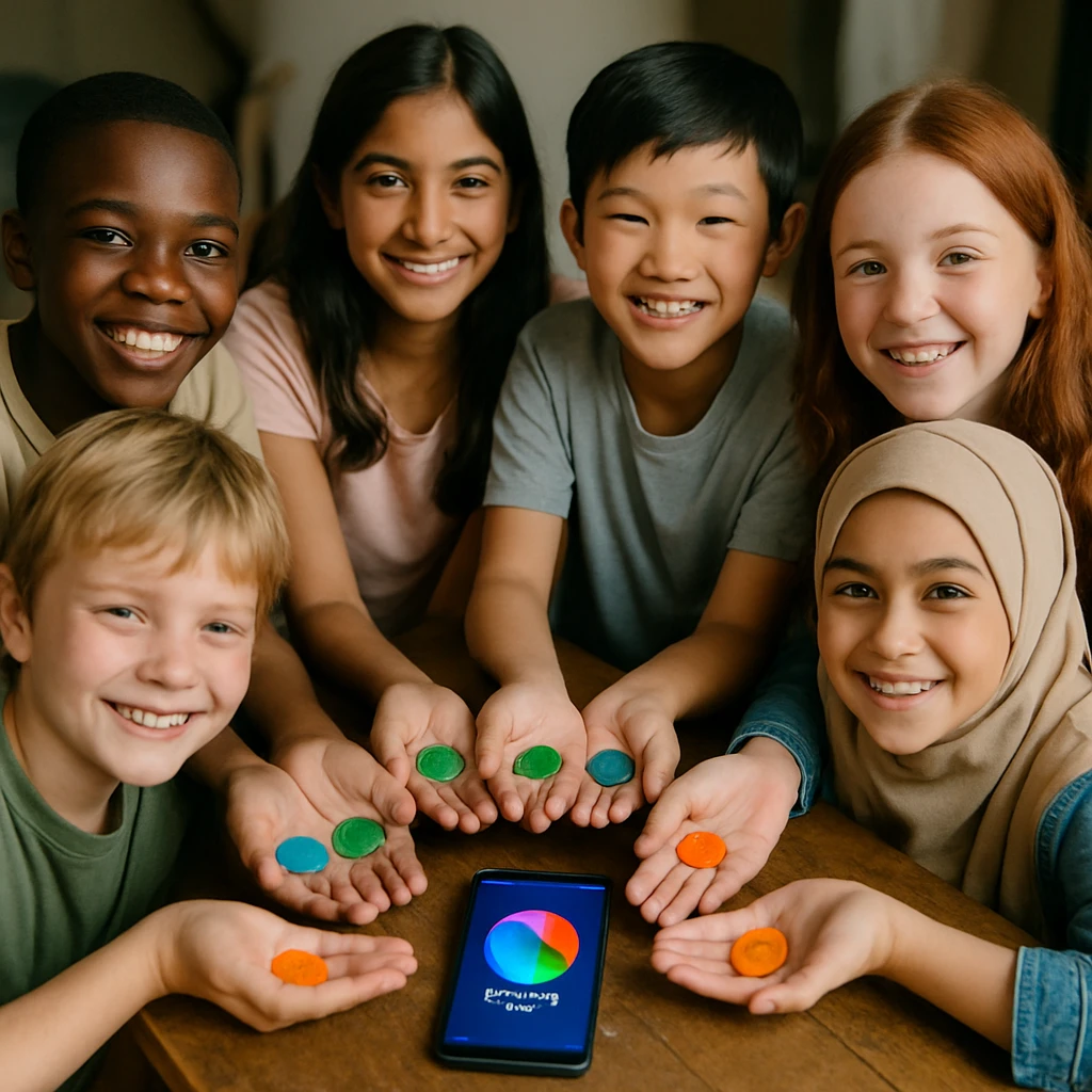 さまざまな国の子どもたちが木製のテーブルを囲み、カラフルなコインを手に持ちながらスマートフォンの虹色シードコインのアプリ画面を見つめ笑顔を交わす様子。