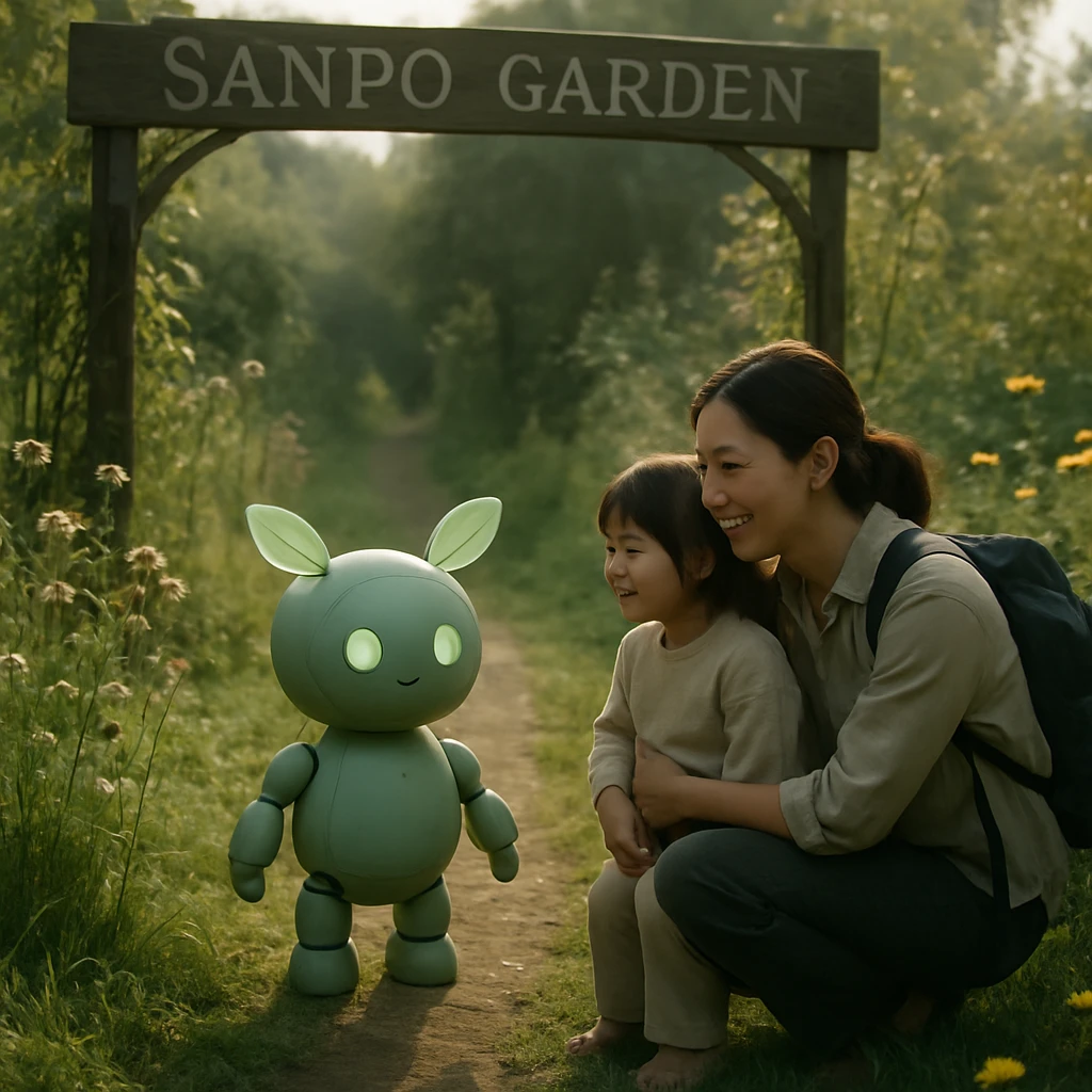 庭園の入り口で、緑色の小さなAIロボットが来園者の親子を出迎えている朝の様子。