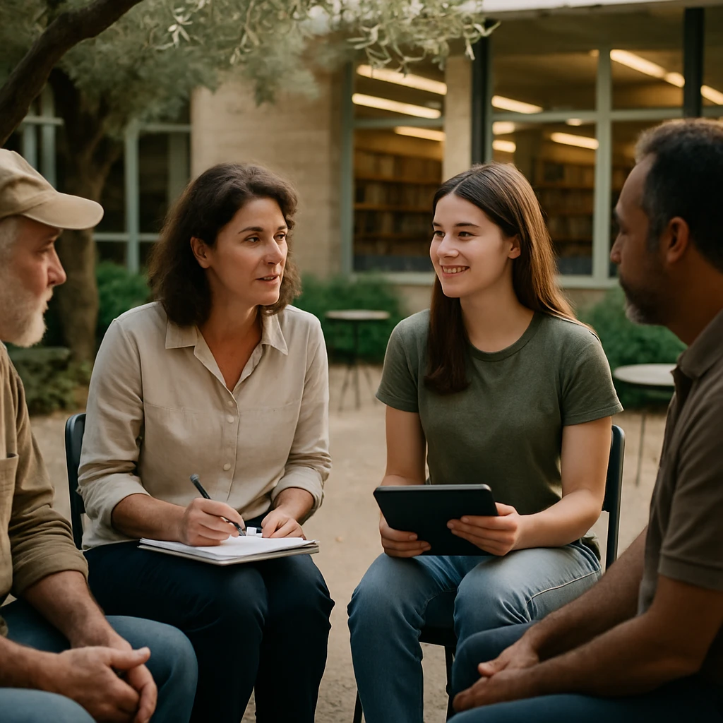図書館の裏庭に立つオリーブの木の下で、ノートやタブレットを手にした町の人々が和やかに集まる様子の実写写真。