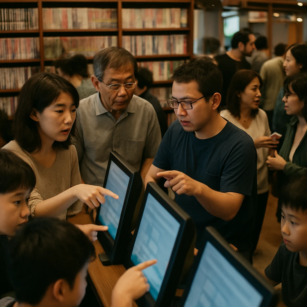 漫画喫茶で世代を問わず人々が投票端末を囲み、夢中で議論している様子の写真。