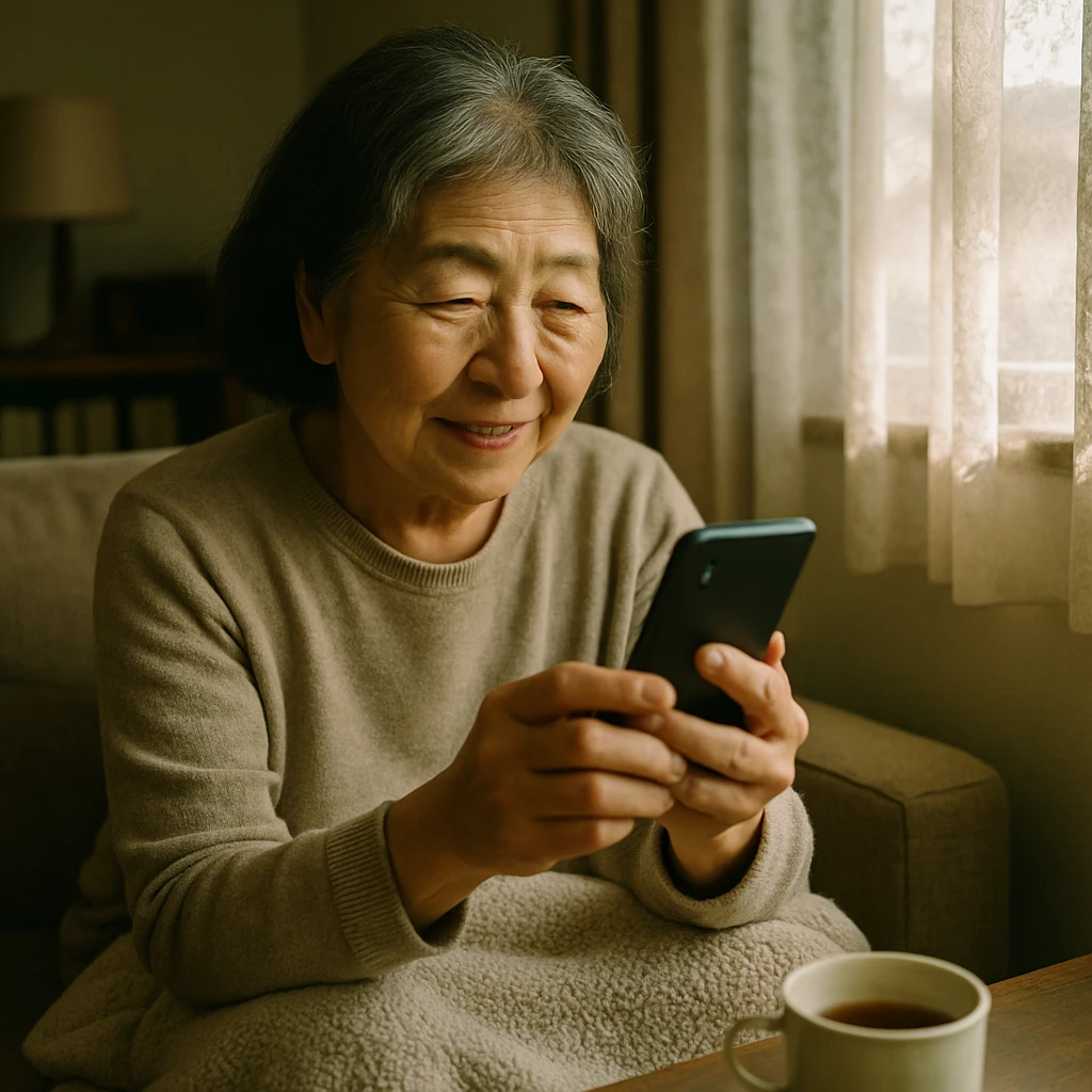 高齢の日本人女性が自宅のリビングで古いスマートフォンを笑顔で見つめている様子。
