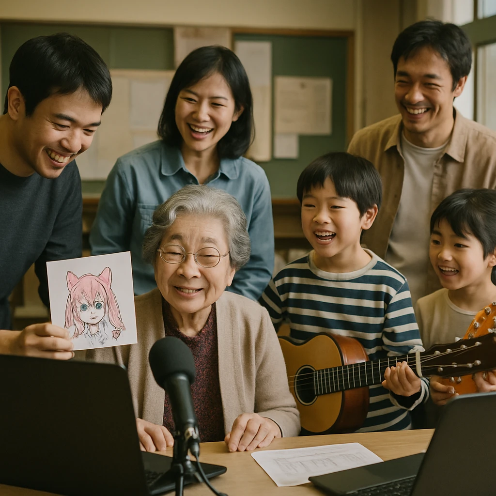 公民館で机に座る高齢女性の周りに、パソコンや手作り道具を持った町内の人々が明るく集まっている様子。