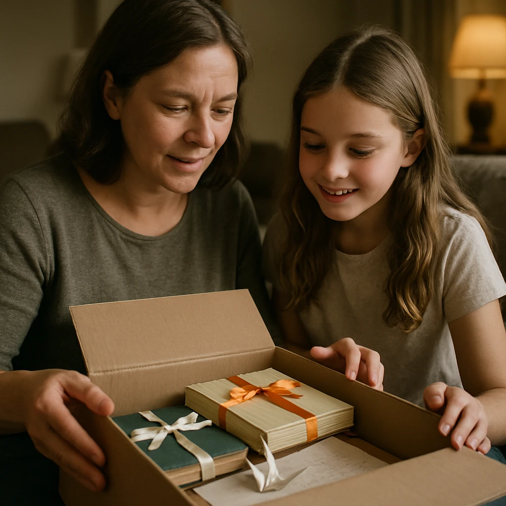 リビングで母親と小学生の娘が絵本や折り鶴、手紙の入った段ボール箱を開けている様子。