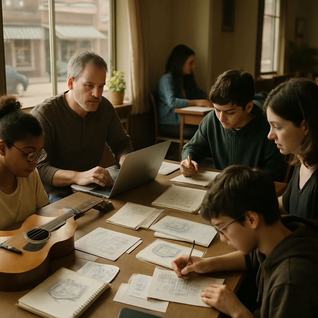 喫茶店の明るい部屋で多世代の町の人々がテーブルを囲んでゲーム制作をしている様子。