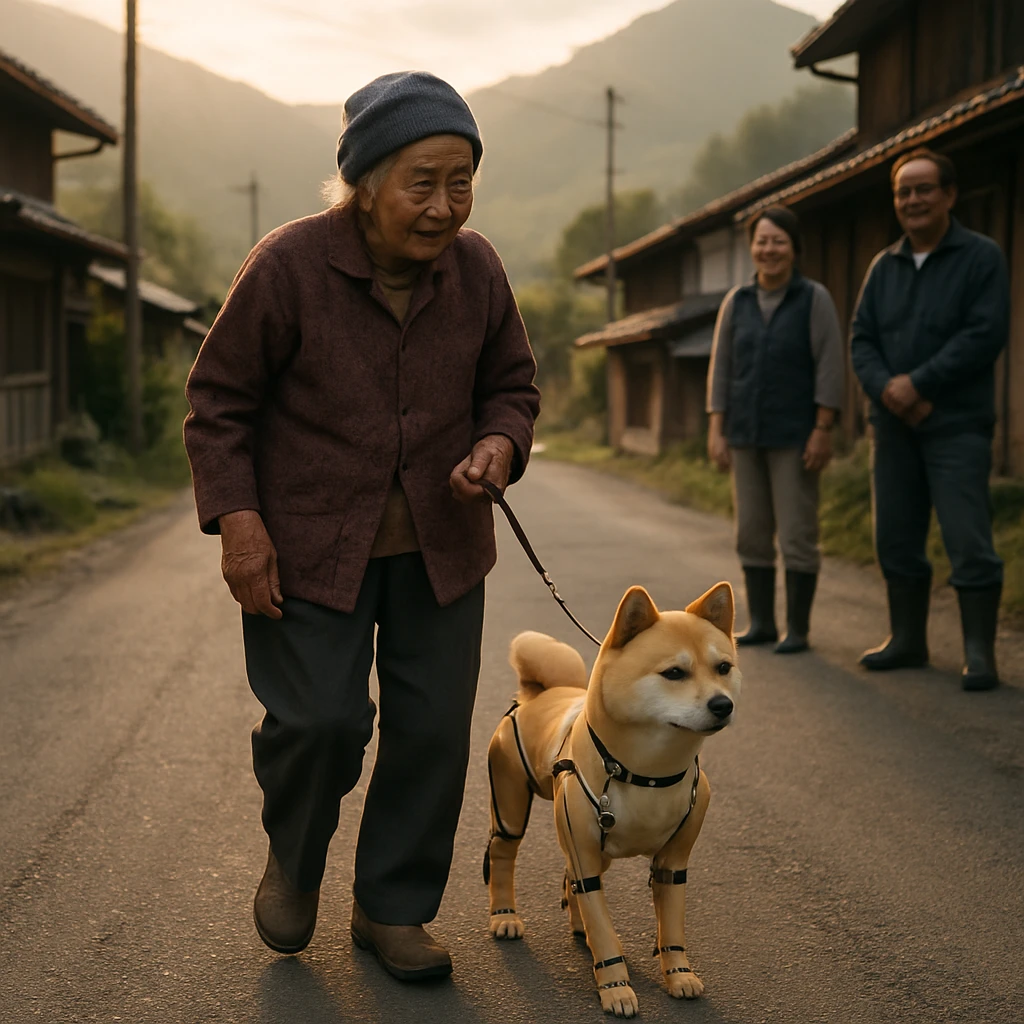 山あいの村道をAI柴犬を散歩させる高齢女性と微笑む住民たちの写真。