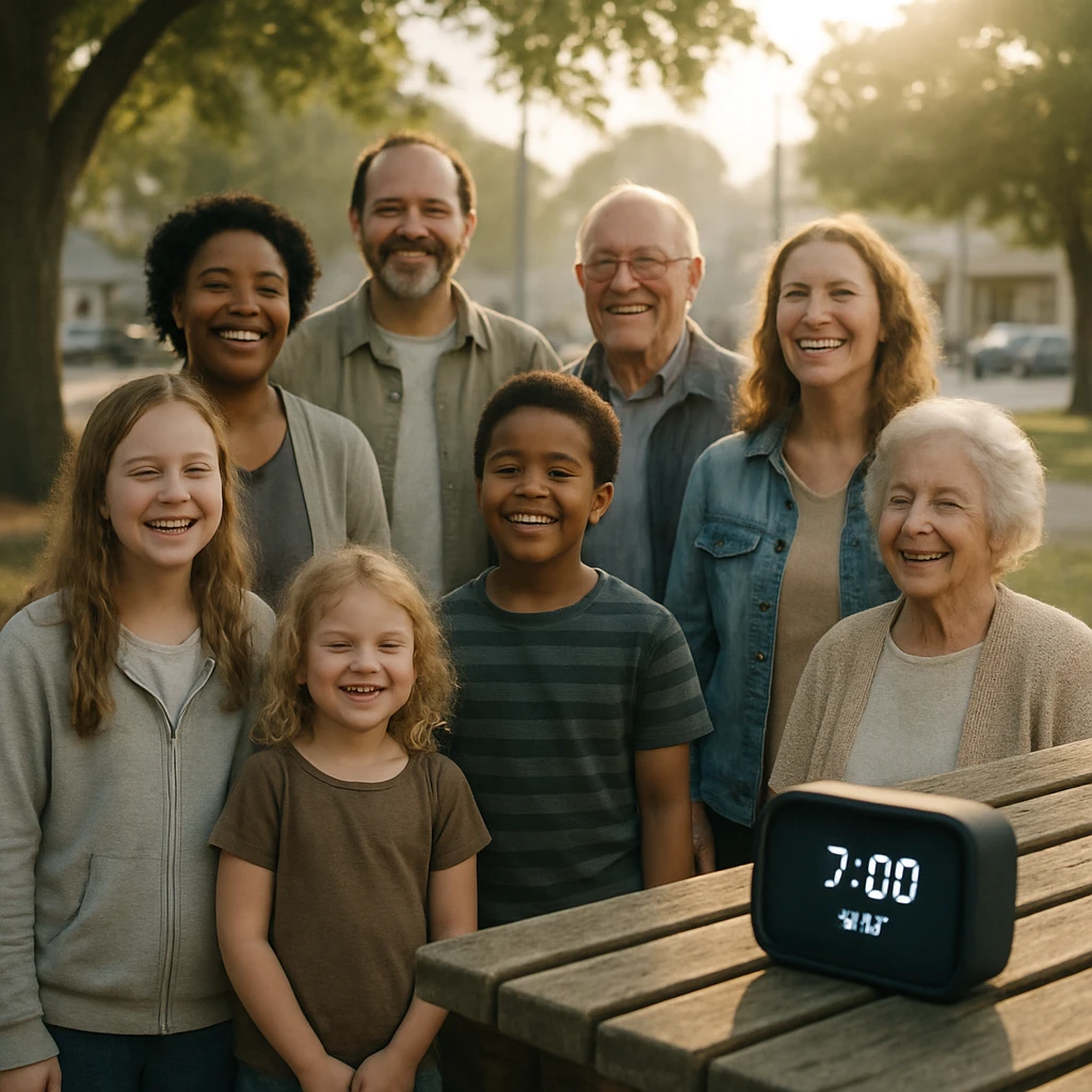 早朝の公園で、さまざまな世代の住民たちがベンチの上のスマート目覚まし時計から流れる音楽に笑顔で耳を傾けている様子。