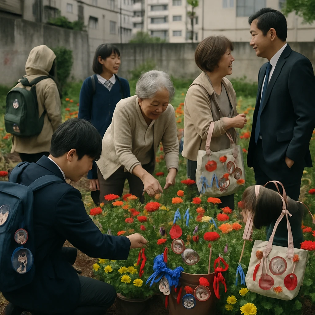 色とりどりの推し色グッズや花が飾られた花壇と、さまざまな世代の人々が集まっている様子の写真。