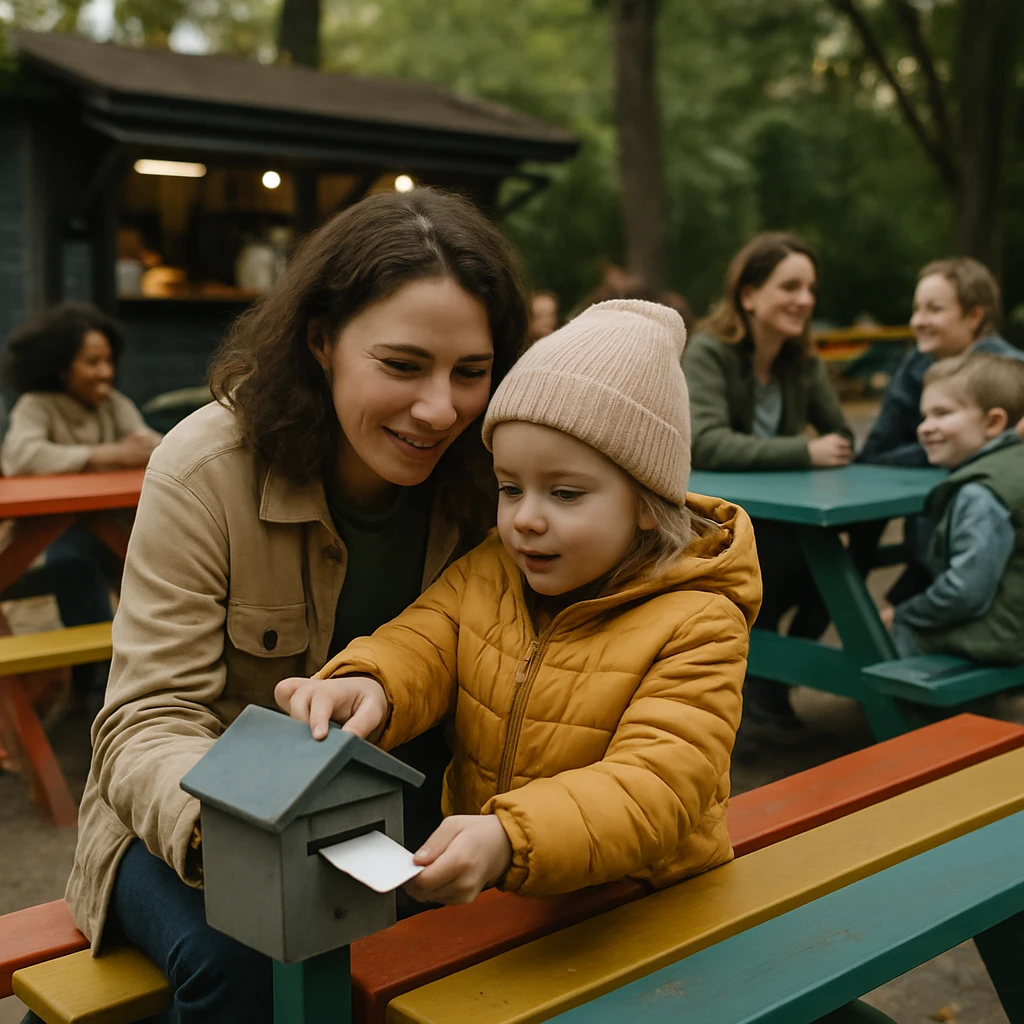 公園のカラフルな木製ベンチに親子が座り、小さなポストに手紙を投函している様子を自然光で撮影した写真。