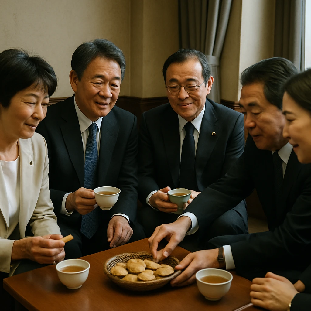 国会の控え室で議員たちが焼き菓子とハーブティーを囲み、リラックスした様子で談笑している写真。