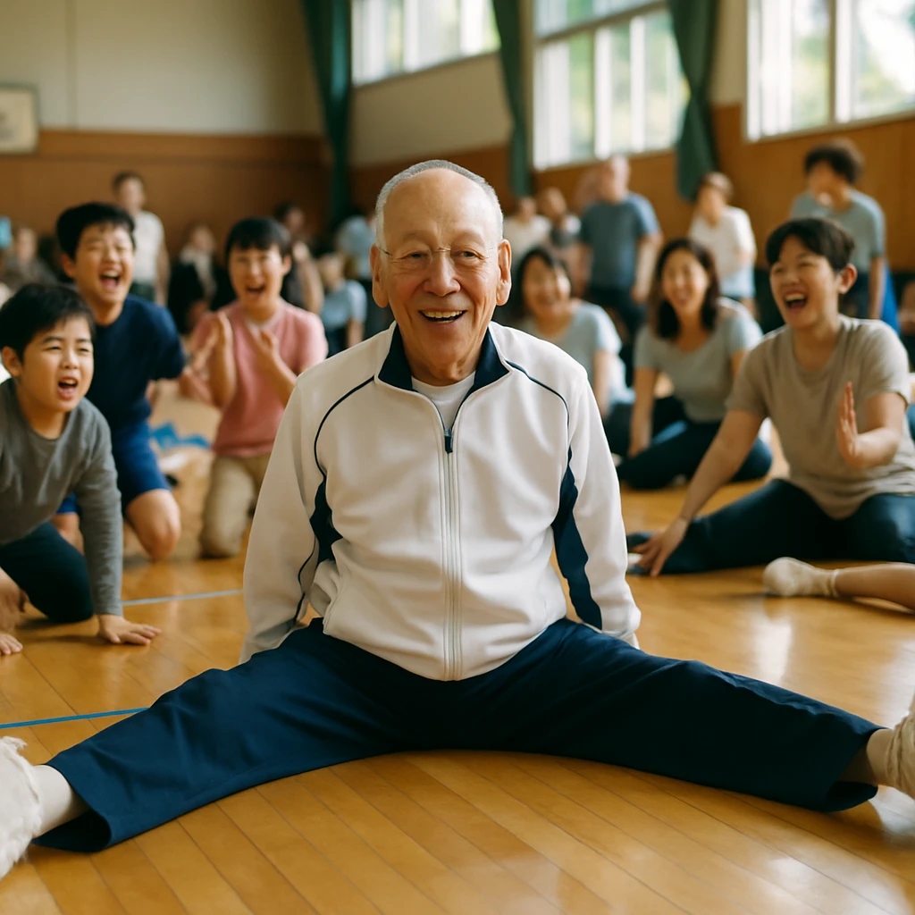 体育館の床で満面の笑みを浮かべて開脚する高齢男性と、その周囲で見守る子どもたちや大人たちの様子。