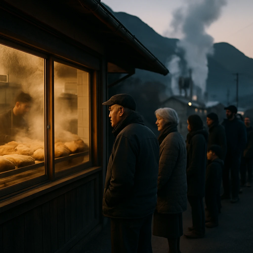 山あいの小さなベーカリー前で、湯気の立つパンをのぞきながら行列を作る人々の様子。