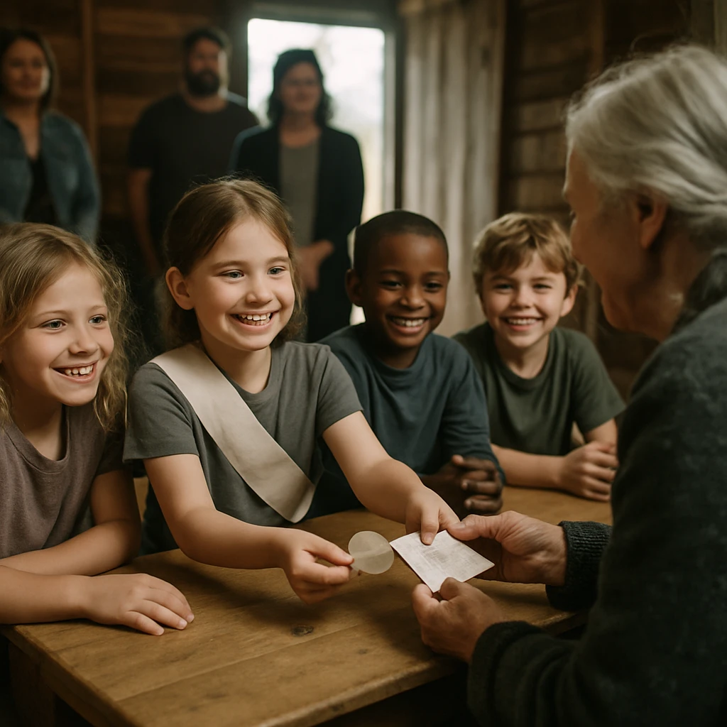 倉庫を改装した明るい空間で、子どもたちが手作りコインと手紙をおばあさんに渡している様子。