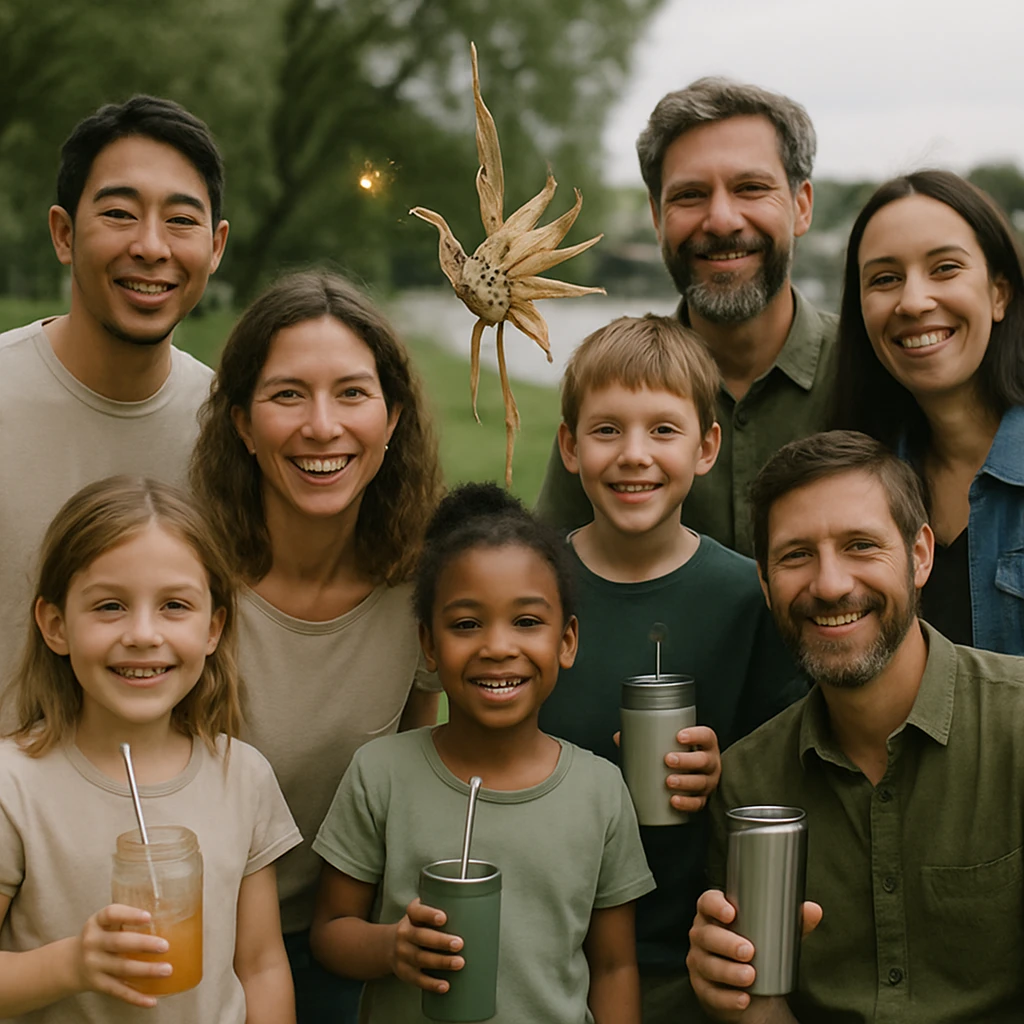 川辺の公園でリユース容器を持った人々と再生素材の笹飾り、その横に小さな光が浮かぶ様子の写真。