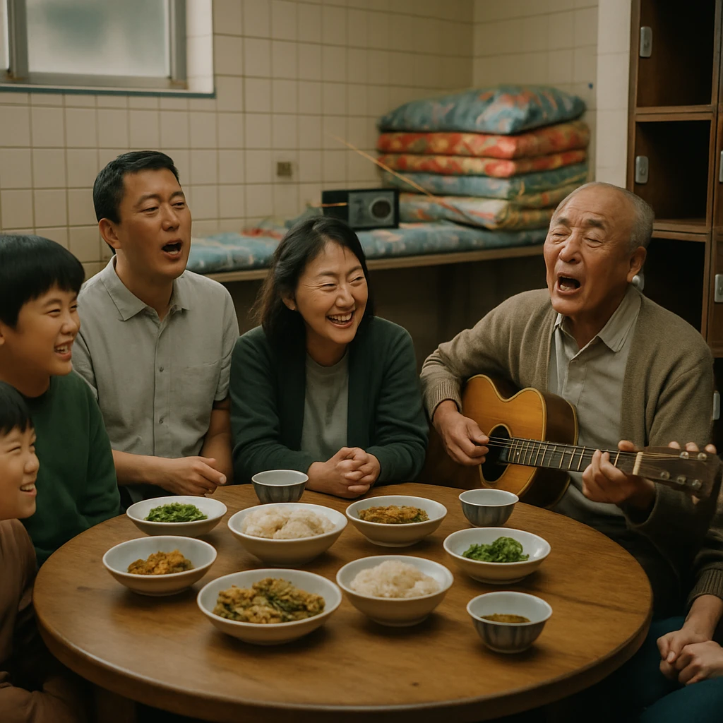 昭和レトロな銭湯の脱衣所で、大きなちゃぶ台を囲んで多世代の人々が手作り料理を分け合いながら笑顔で歌っている様子。