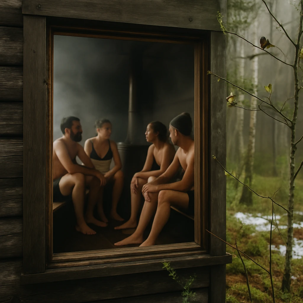 薪サウナ小屋の窓辺で、春の森林と鳥、湯気とともにくつろぐ人々の様子。