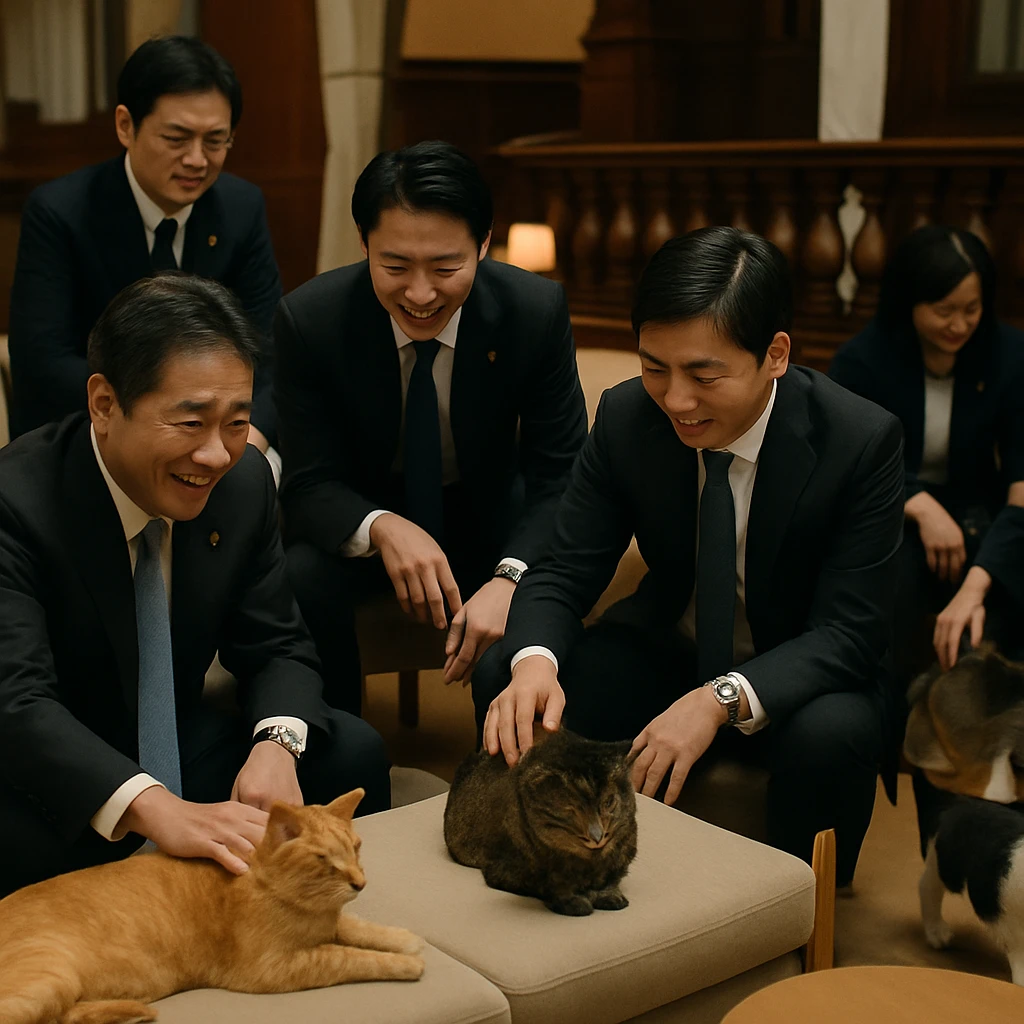 国会議事堂内の猫カフェスペースで、スーツ姿の議員や職員たちが猫とふれあいながら笑顔でくつろいでいる様子。