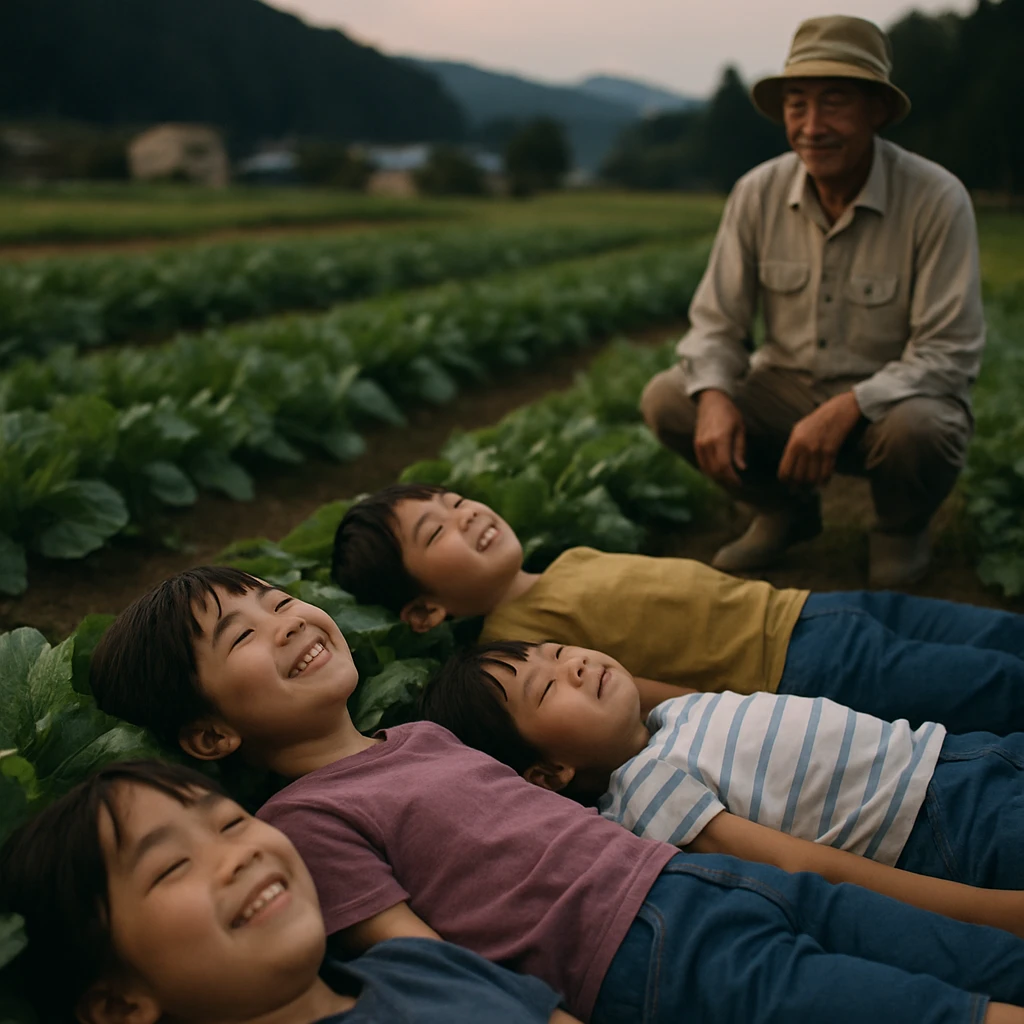 夕暮れ時の畑で子どもたちが土に耳を当てて横になり、農家が見守っている様子。