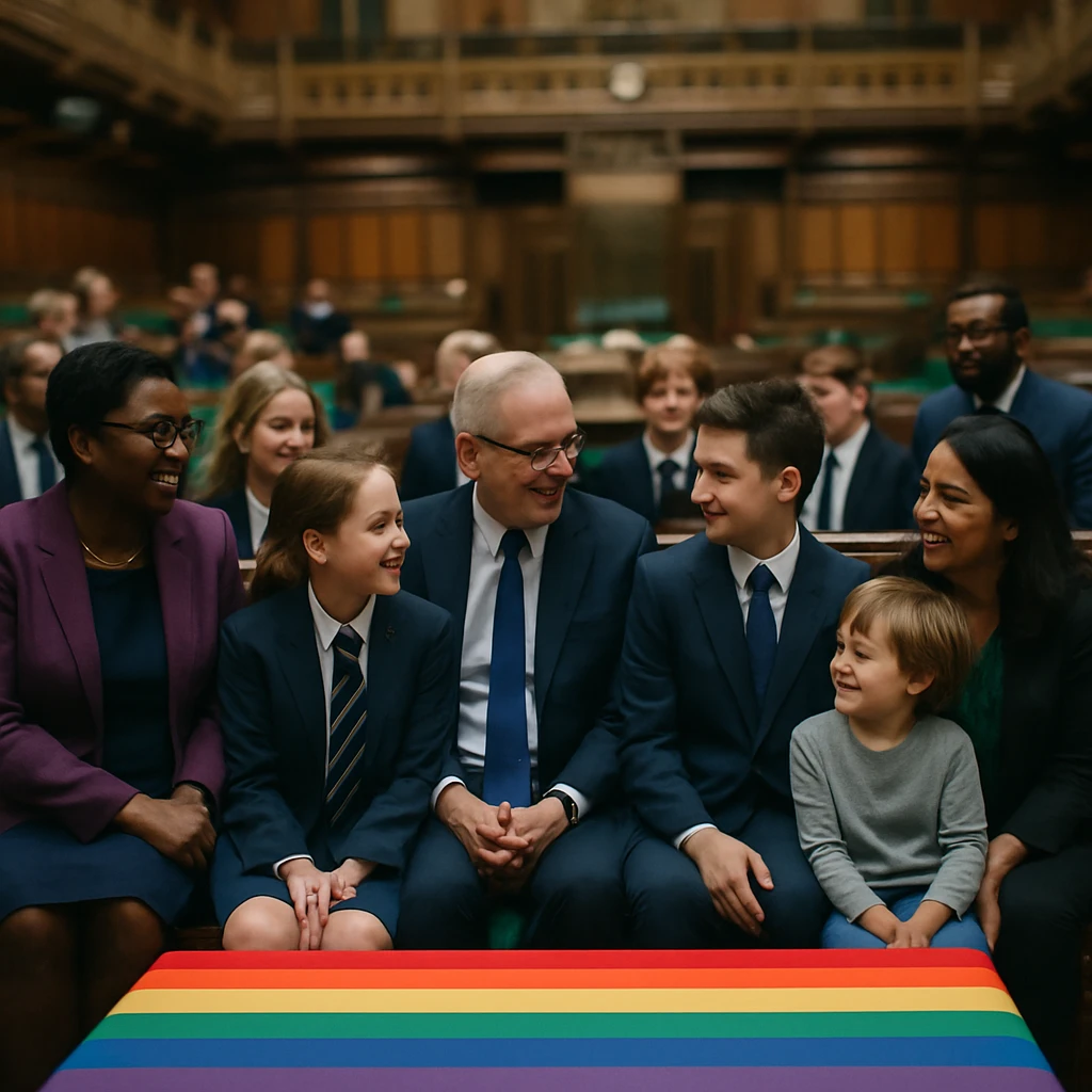 国会議事堂の本会議場に並べられた虹色のベンチに、政治家や学生、子どもたちが座って談笑している様子の写真。