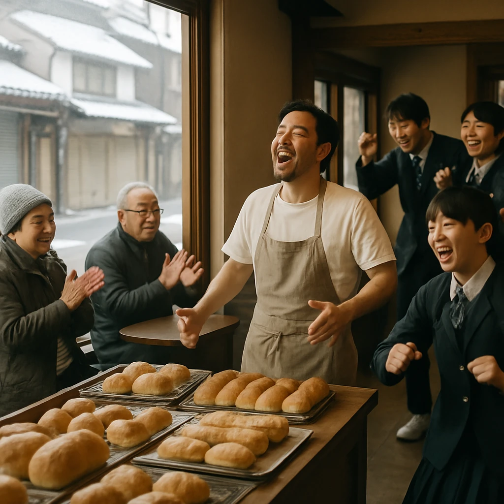 パン屋の店内で、店主が歌いながら接客し、窓際の高齢客が手拍子し、中学生が楽しそうに踊っている様子の写真。