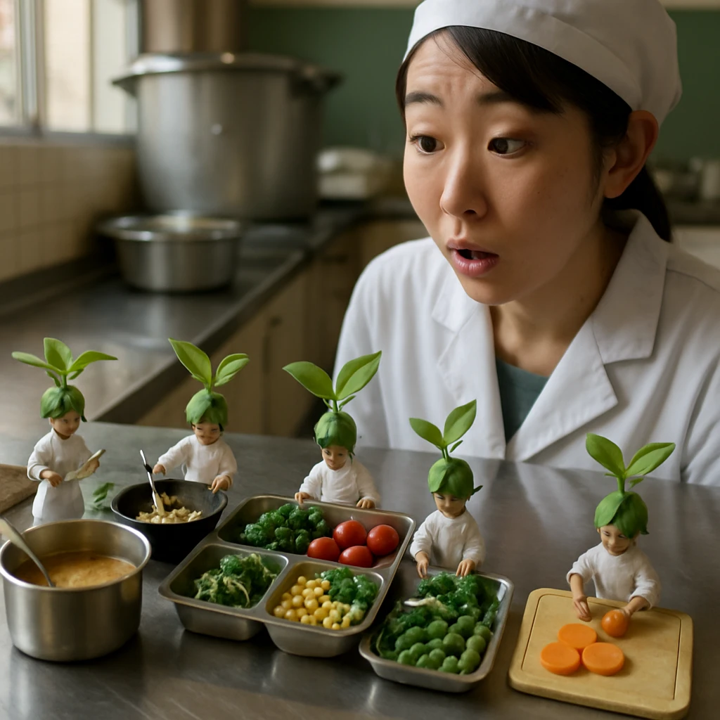 小学校の給食室で、小さなリーフヘアのコックたちが栄養士の女性のそばでプラントベースのランチを準備している様子のリアルな写真。