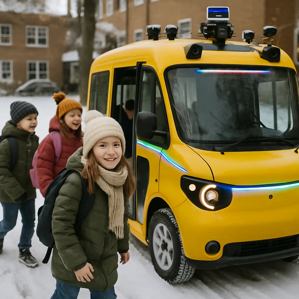 雪の積もる校庭で、小学生たちが自動運転バスに乗り込もうとしている様子が写る写真。