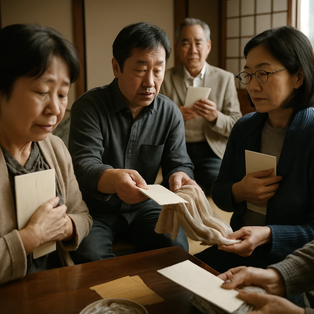 畳の和室で手紙やスカーフを静かに手渡し合う中高年の人々の集まりの様子。
