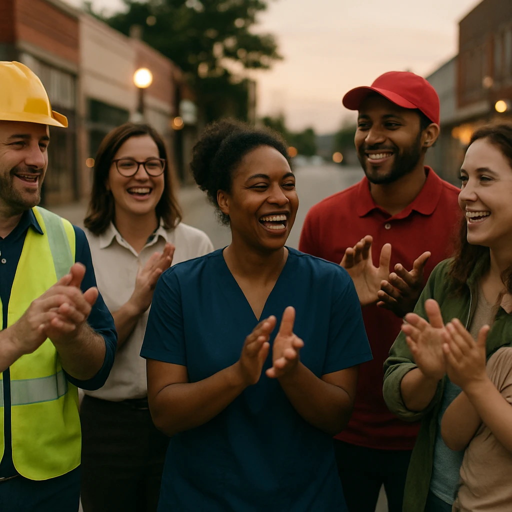 夕方の町の通りで、さまざまな職種や年代の人々が互いに拍手を送り合っている写真。