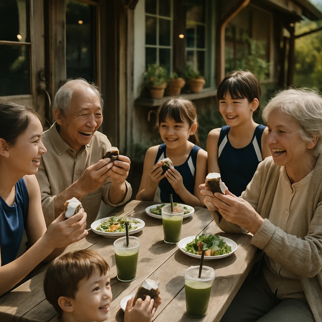 春の日差しの下、カフェの木製テーブルで様々な年代の町の人たちがプロテインおにぎりやサラダを囲んで楽しく食事している写真。