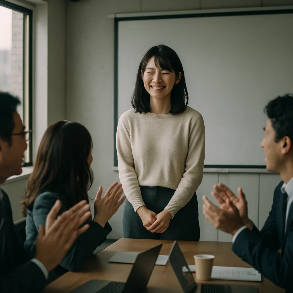 会議室で若い日本人女性が前に立ち、周囲の同僚たちが柔らかく微笑み返している様子の写真です。