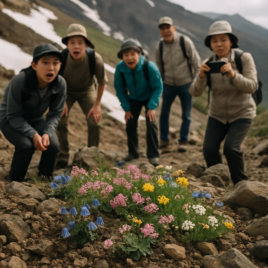 磐梯山の斜面で岩の割れ目や残雪の間から色とりどりの花が咲き、見物人たちが驚きと喜びの表情で眺めている様子の写真。