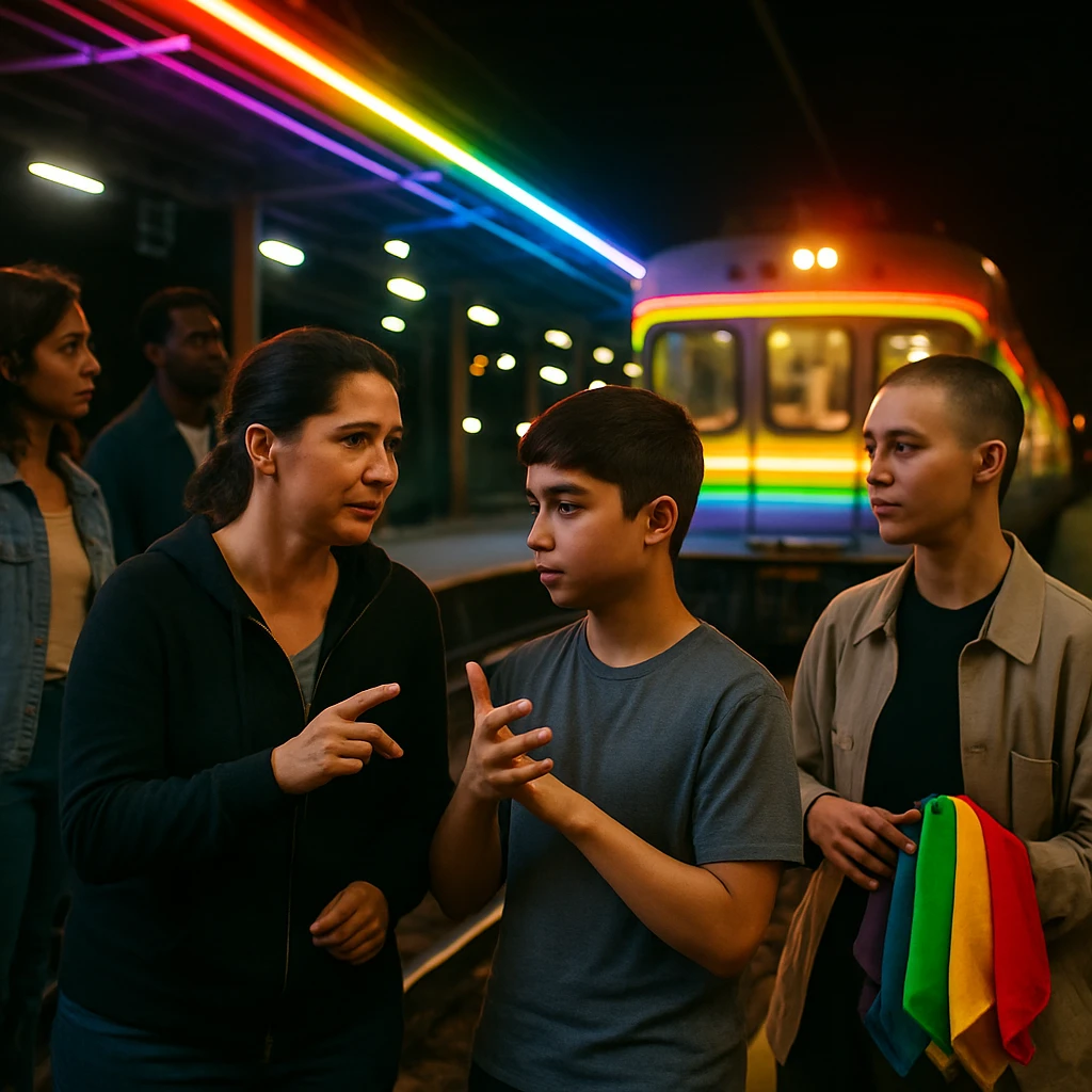 夜のホームでネオンカラーに照らされながら、多様な人々が特別列車の前に集まっている様子の写真。