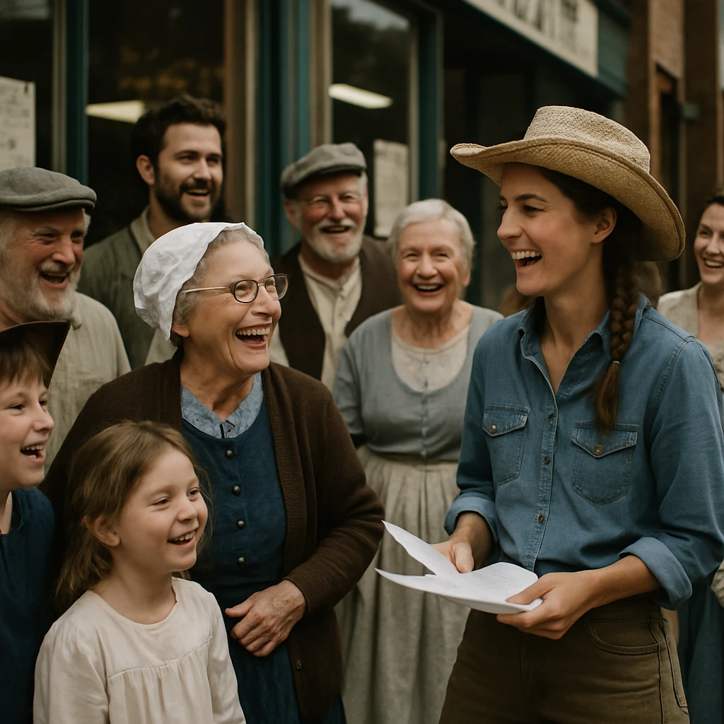 和見町の本屋の前で、手作りの衣装や台本を持つ町民たちが楽しげに集まる様子の写真。