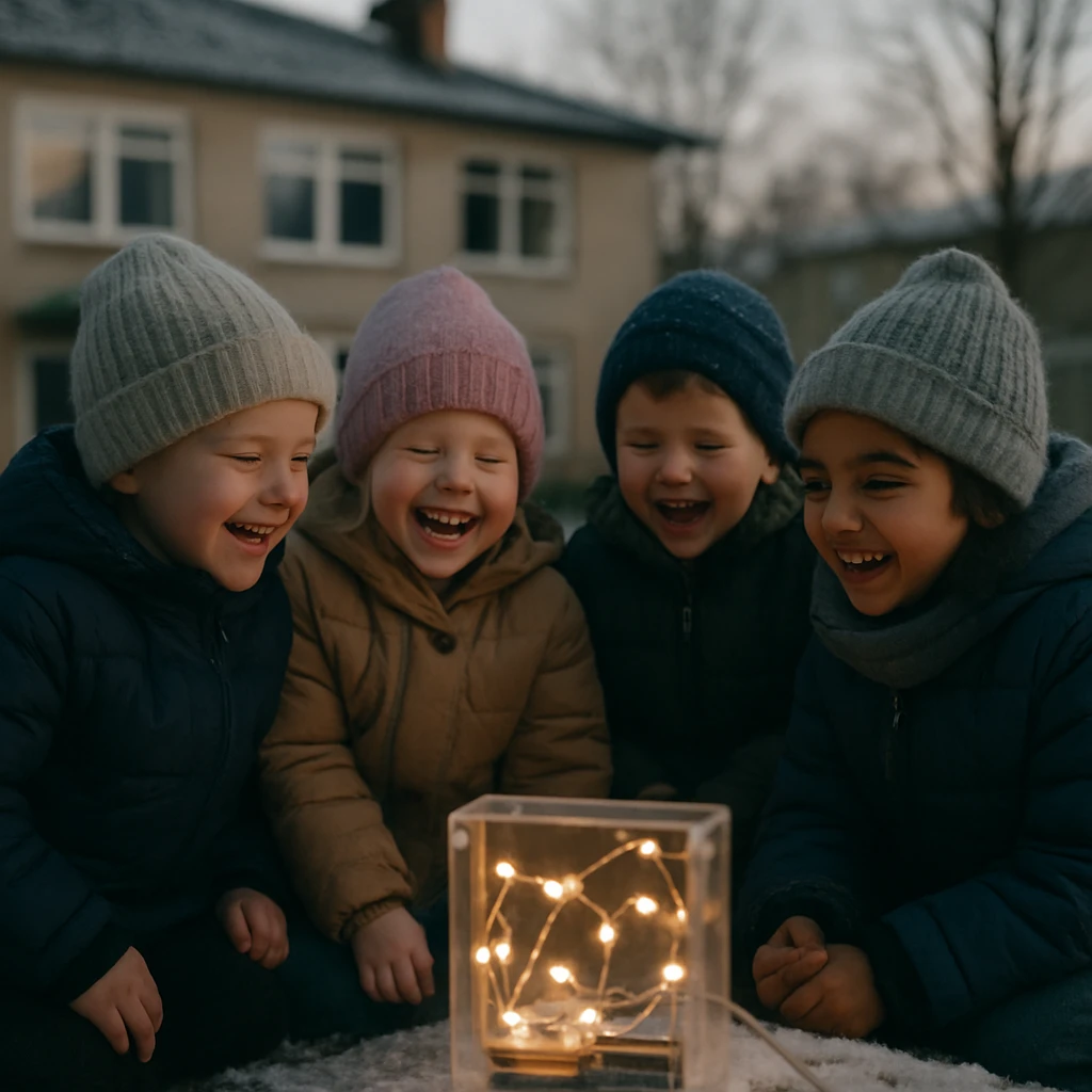 雪の積もる幼稚園の前で、発光する透明な蓄電池ボックスを囲んで笑顔の子どもたちが集まっている様子。