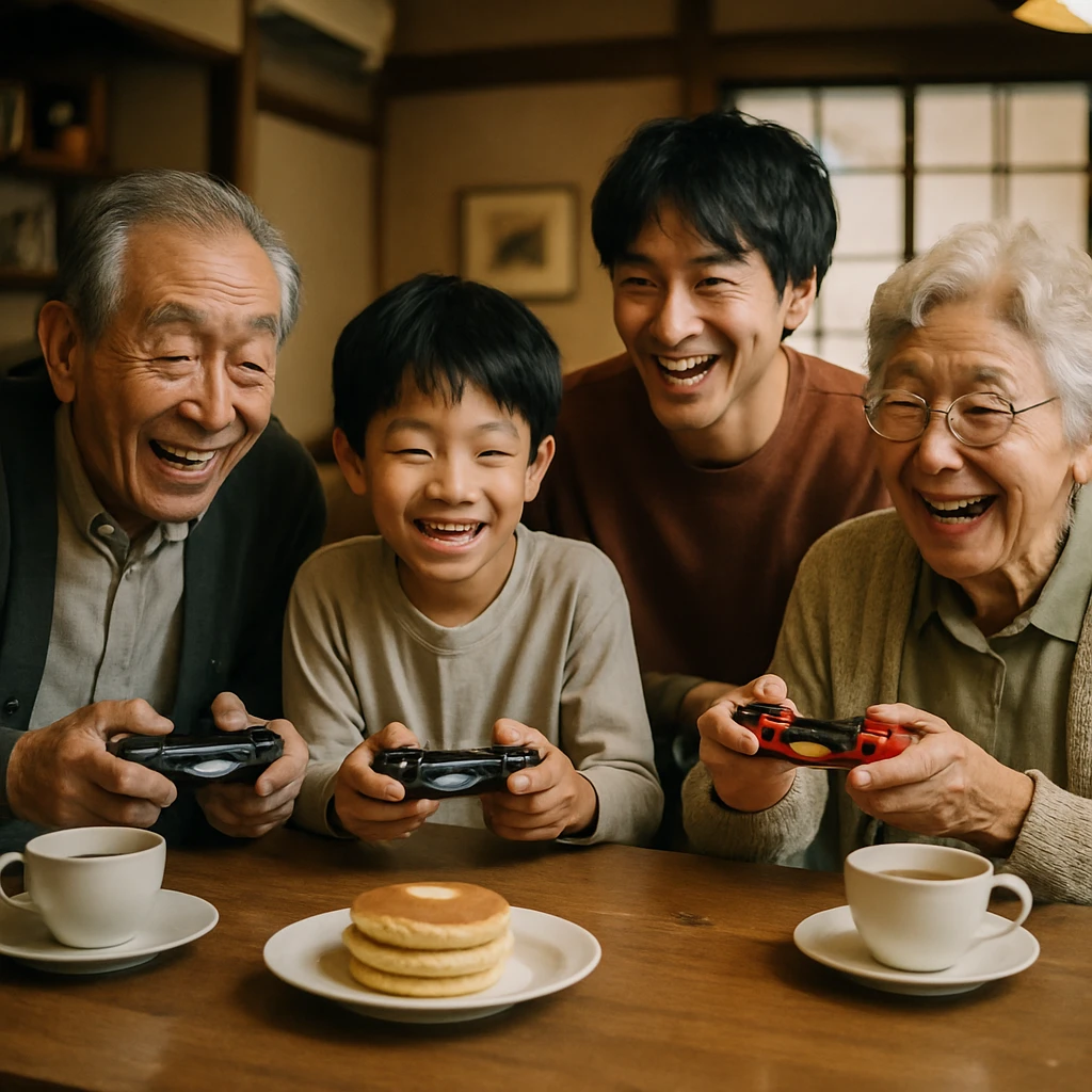 明るいカフェでおじいちゃんや若者たちが集まり、テーブルでゲームコントローラーを持って賑やかにeスポーツを楽しむ様子。