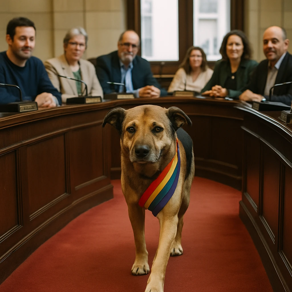 赤い絨毯の議場をカラフルなタスキをかけた雑種犬が堂々と歩く様子。