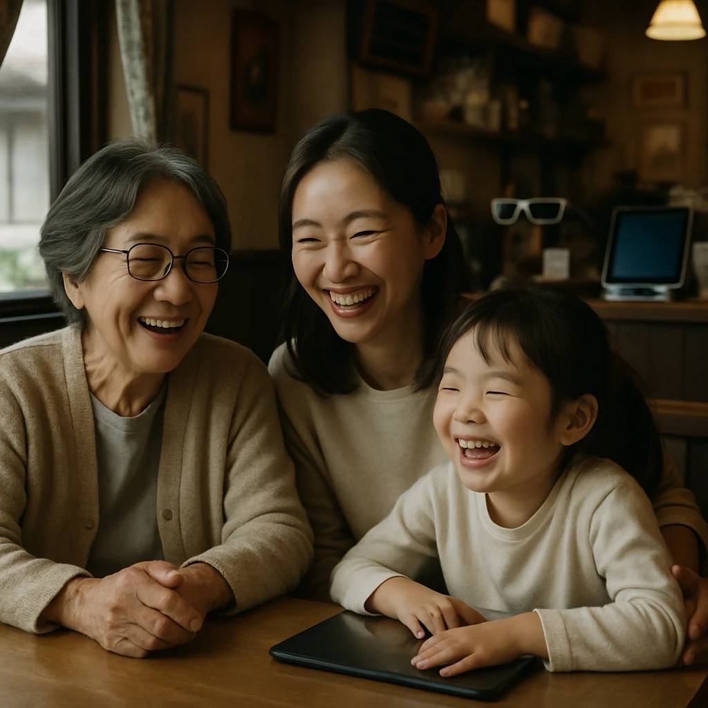 昭和レトロな内装のカフェで、親子三世代がテーブルを囲みながら笑顔で語り合っている様子。