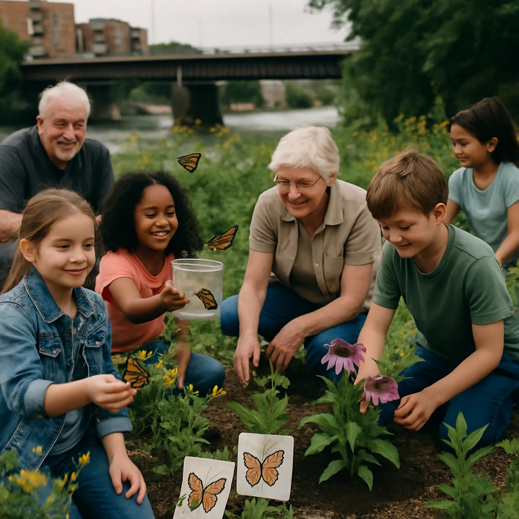 子どもと高齢者が川沿いのコミュニティガーデンで野花を植えたり蝶を放したりしている微笑ましい風景。
