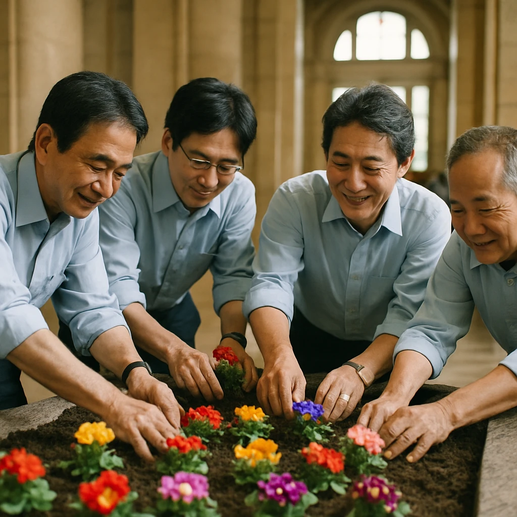 国会議事堂の中央ロビーで作業着姿の議員たちが色とりどりの花壇の手入れをしている様子。