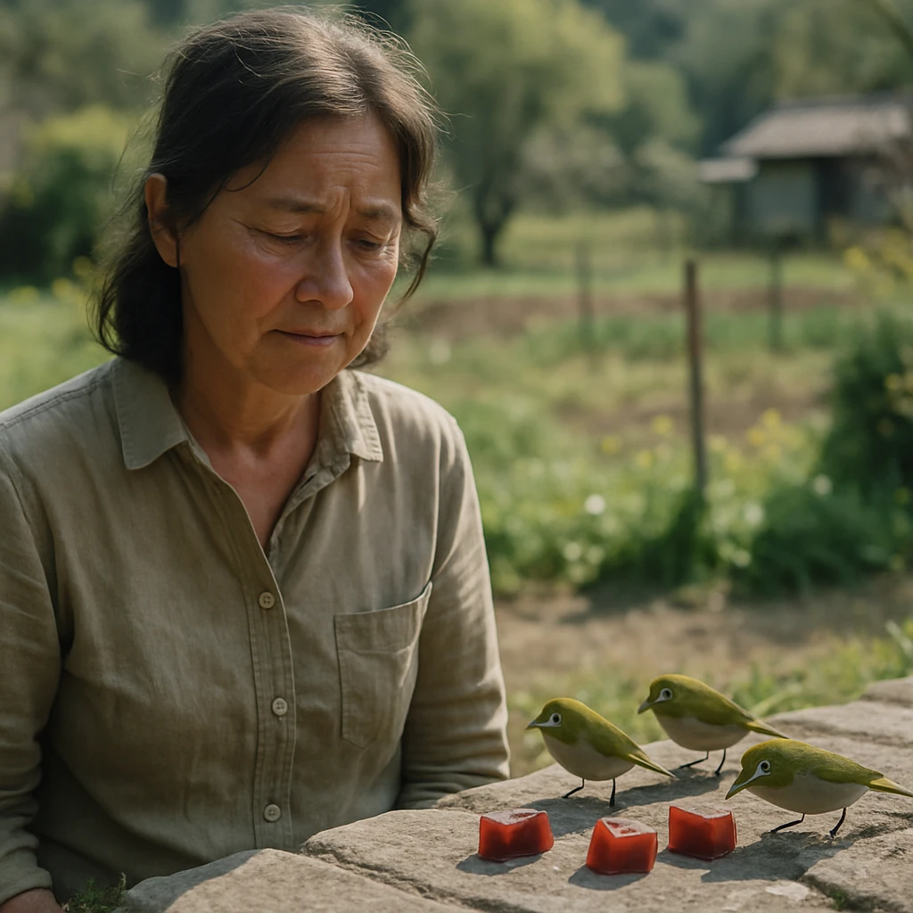 春の農園の庭で女性の前にメジロがイチゴ羊羹の小片を石畳に置いていく様子の写真。