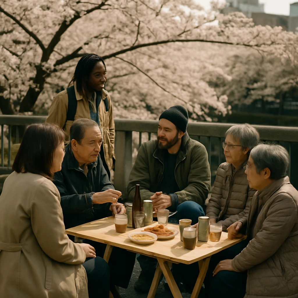 桜並木の橋の上で、さまざまな世代の人々がカフェスペースに集い談笑している様子。